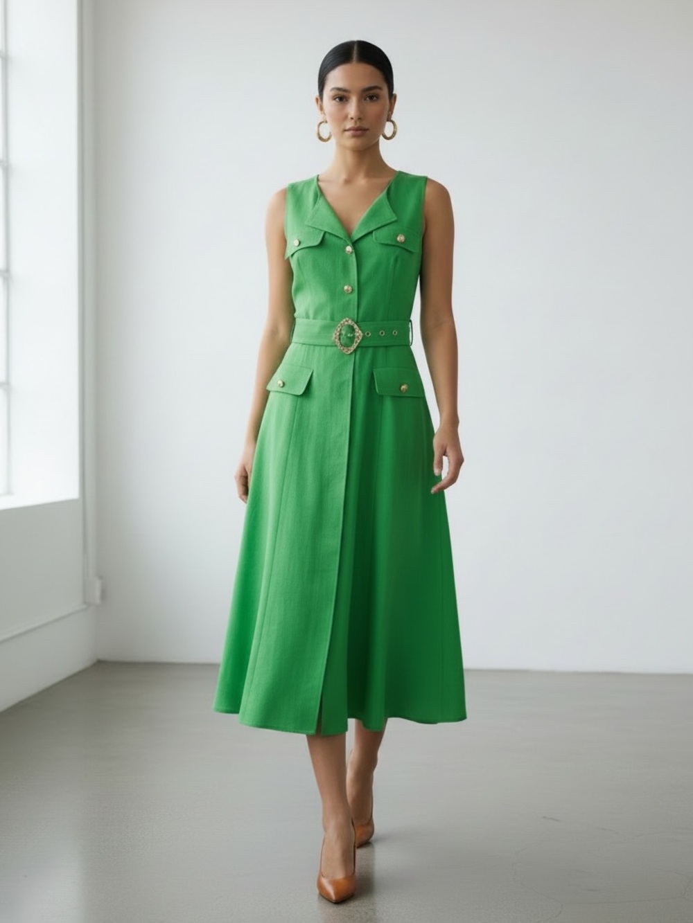 1411 • Ideal Green & Gold Button Classic Belted Gold Buckle Dress